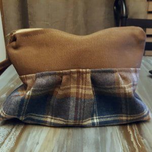 Genuine Wool Plaid Clutch travel make-up bag Blue Brown 10" Wristlet cosmetics